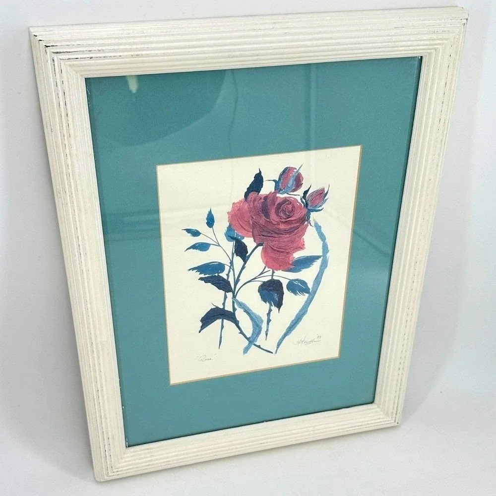 Cottage Victorian Vintage Rose Floral Framed Original Art Pink Blue‎ White Frame